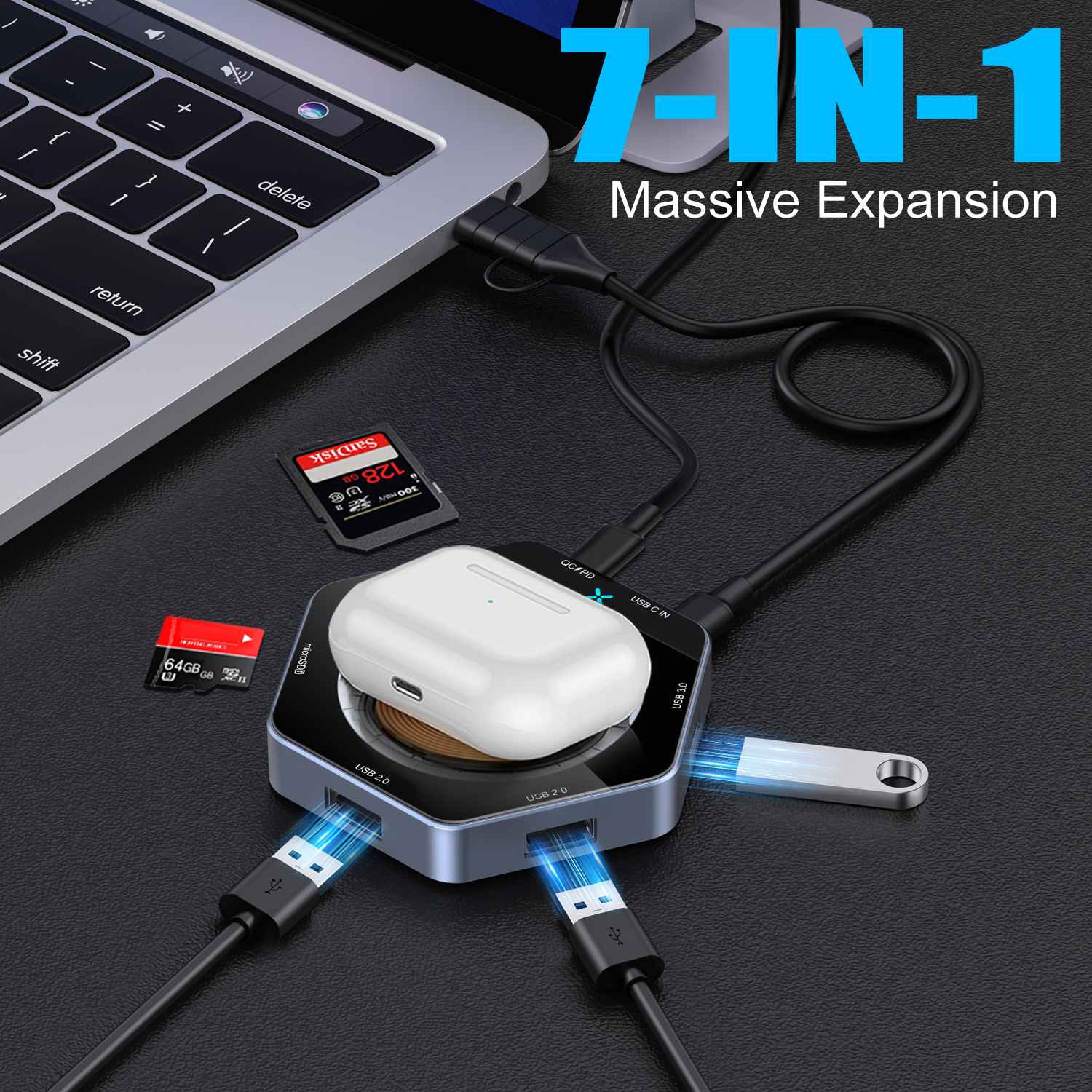 15W greitas įkrovimas 7 „IN1 USB Hub“ doko belaidis įkroviklis